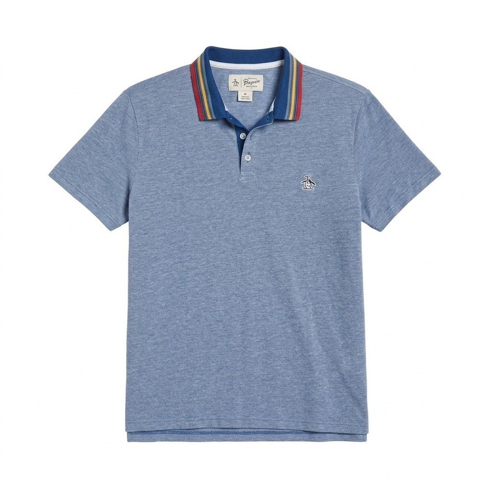 Original Penguin Polo Shirt Mens M Blue Striped Collar Short Sleeve Casual